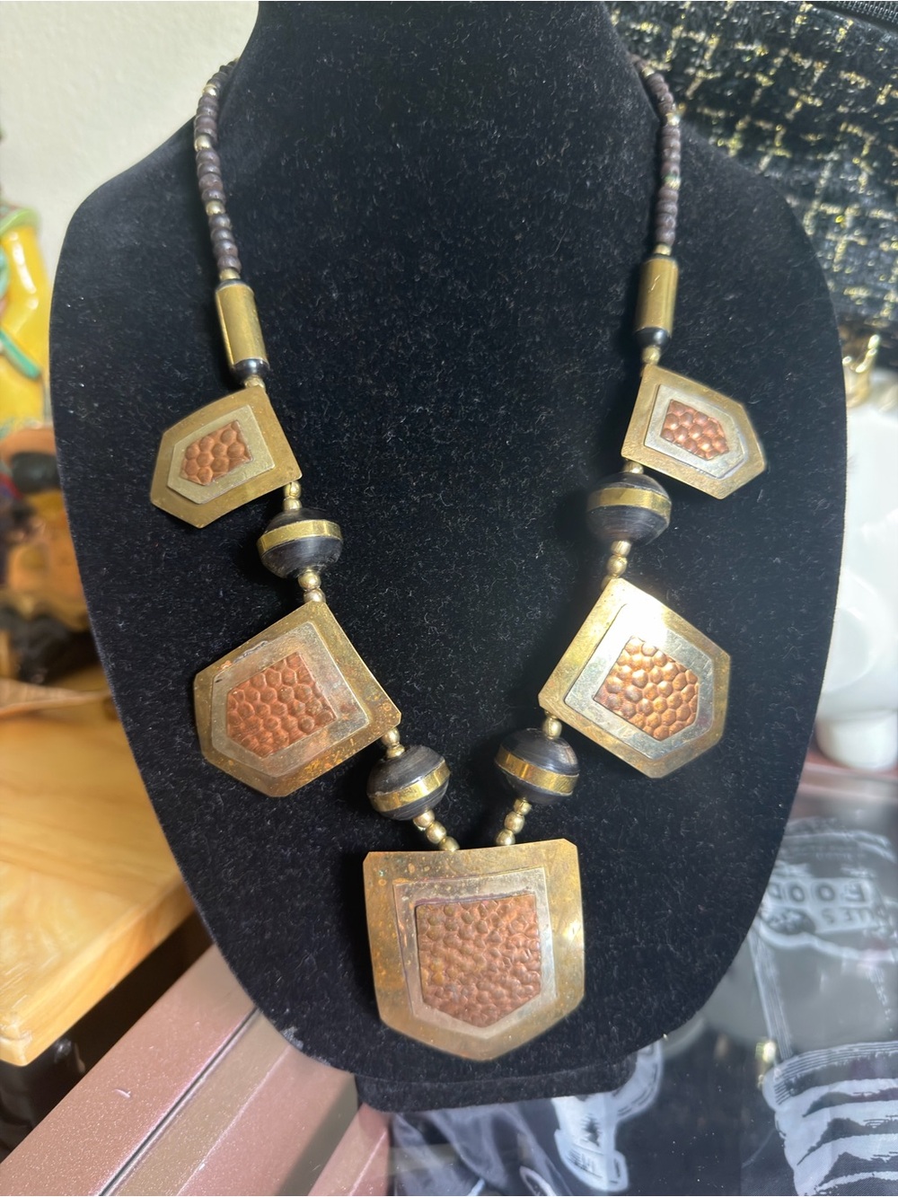 Antique-Style Geometric Metal and Copper Necklace - Brown/Gold